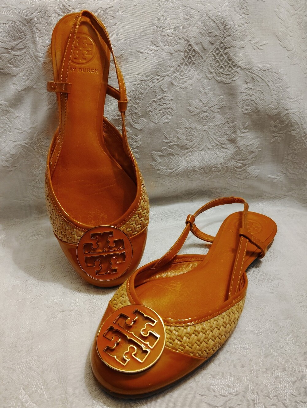Tory Burch Raffia Patent Leather Logo Flat Slingbacks Orange Sz 8 M - Picture 2 of 8
